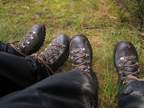 Photo of our muddy boots on the Milford Track